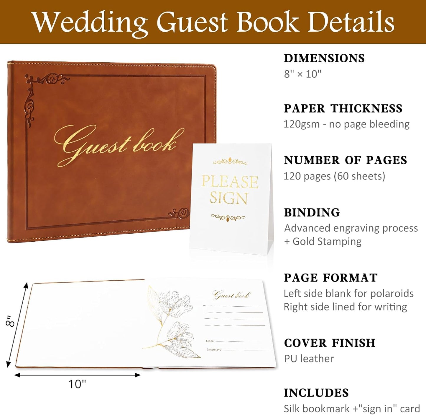 8x10 Leather Guest Book and Standup Sign Set, Gold Foiled Cover Registry Book for Wedding Reception, Retirement Party, Vacation Homes and Events, 120 Sheets (Brown)