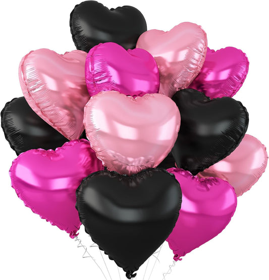 Pink Black Heart Balloons,12Pcs 18Inch Hot Pink Black Heart Shaped Foil Helium Balloons for Baby Shower Birthday Anniversary Wedding Engagement Party Decorations