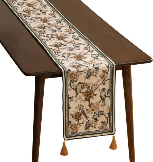 ISAENNE Designer Vintage Beige Linen Table Runner 102 Inches Long,Elegant Floral and Bird Pattern Decor Table Runners for Dining Tables,Thanksgiving,Christmas,Banquet,Party,12"*102"-Murad A