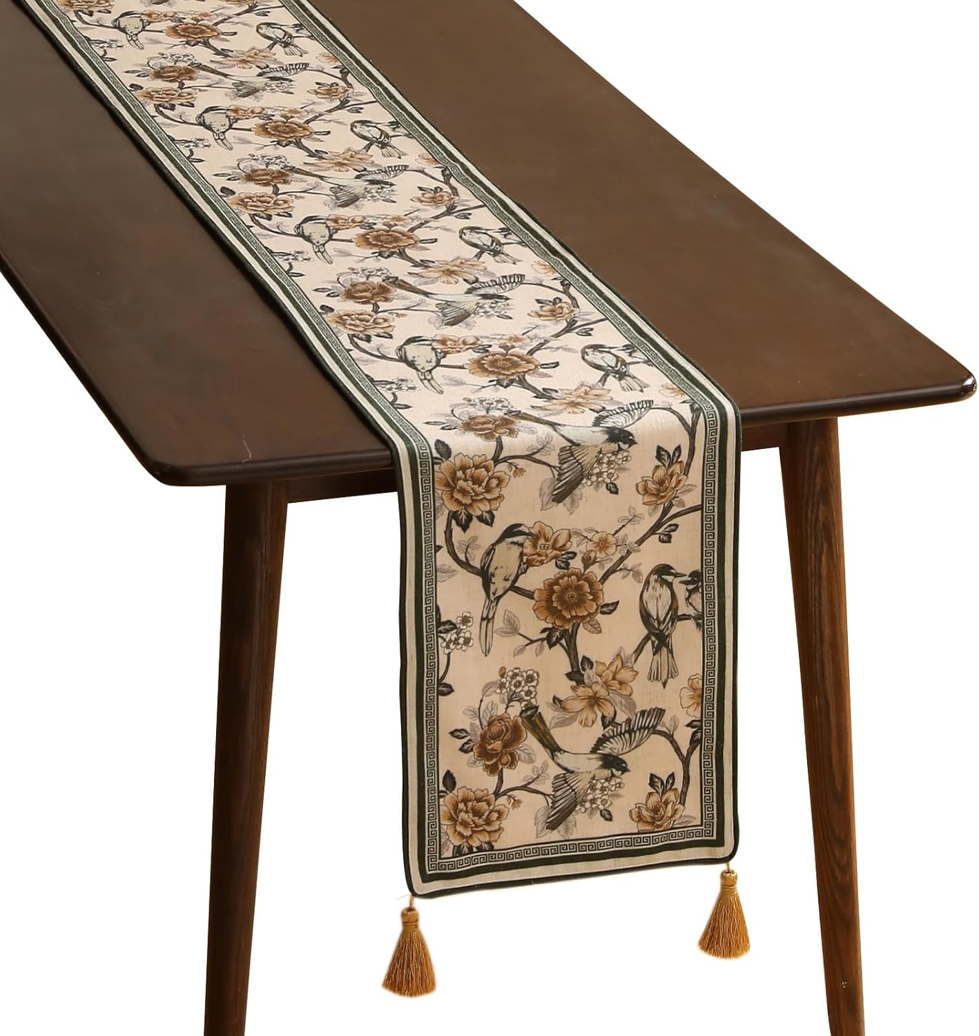 ISAENNE Designer Vintage Beige Linen Table Runner 118 Inches Extra Long,Elegant Floral and Bird Pattern Decor Table Runners for Dining Tables,Thanksgiving,Christmas,Banquet,Party,12"*118"-Murad A