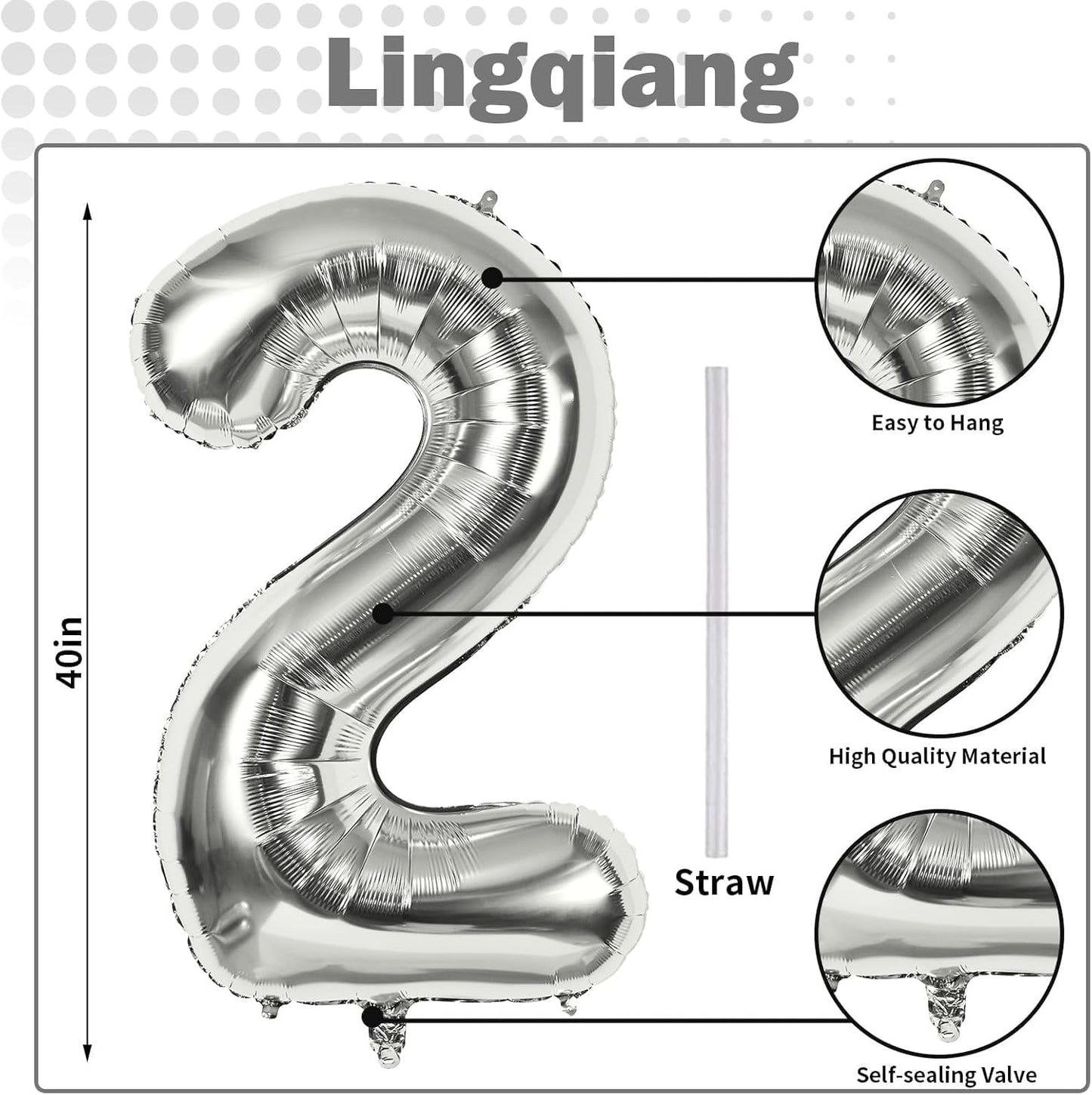 Silver Number Balloons, 40 inch Large Number 2 Foil Helium Balloons for Girls Women, Self Inflating Number Balloons 0-9 for Men Boys 2nd 12th 30th Birthday Anniversary Party Celebration Decoration