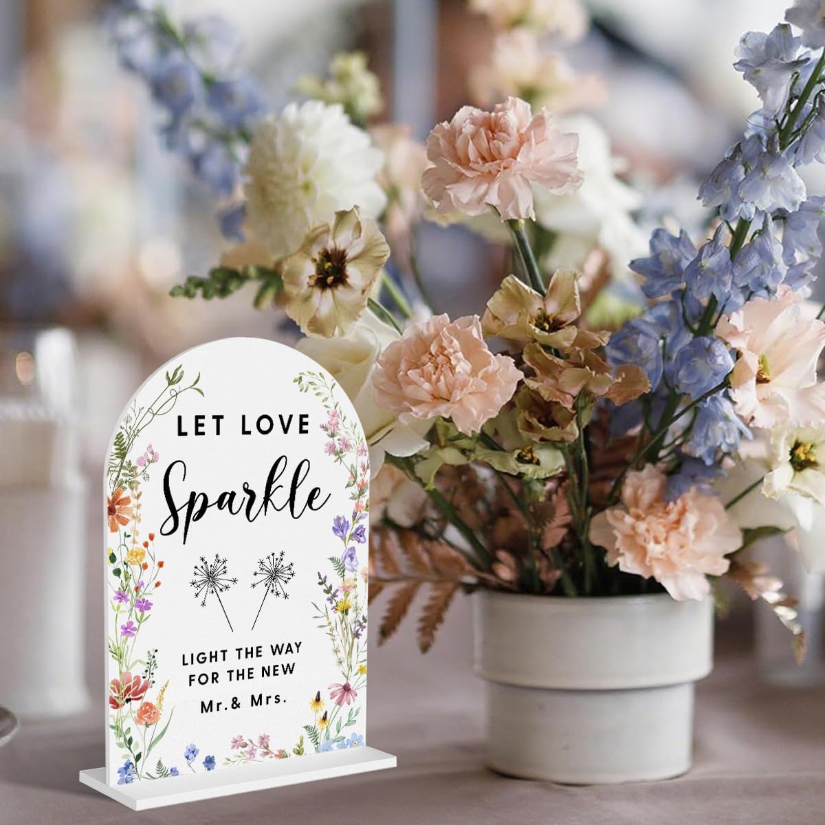 Acrylic Wedding Signs, Let Love Sparkle Signs for Marriage Reception, Bridal Shower Decorations, Modern Arched Round Top Acrylic Table Top Sign with Holder for Wedding Party (White Wildflowers)