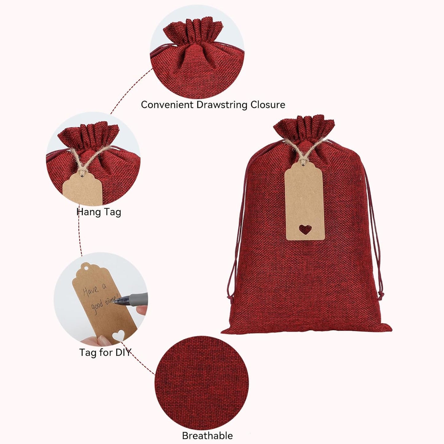 Tapleap Burlap Bags with Drawstring - 10Pcs 8x12 Red Gift Sacks for Wrapping Halloween Favors, Breads, Mason Jars, For Birthday, Wedding, Fall Themed Party or Household Use