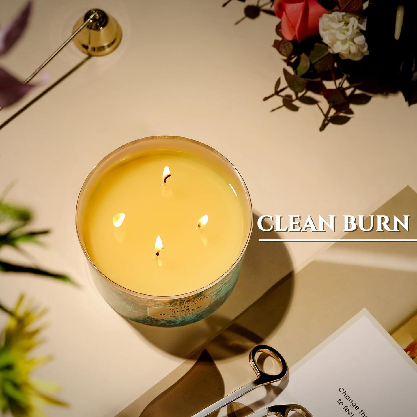 HomeLights Large jar Candle | 4-Wick Long-Lasting Scented Candles, 18oz Natural Soy Wax Candle for Home Scented, Industrial Chic Gifts for Women & Men, Teak Mahogany