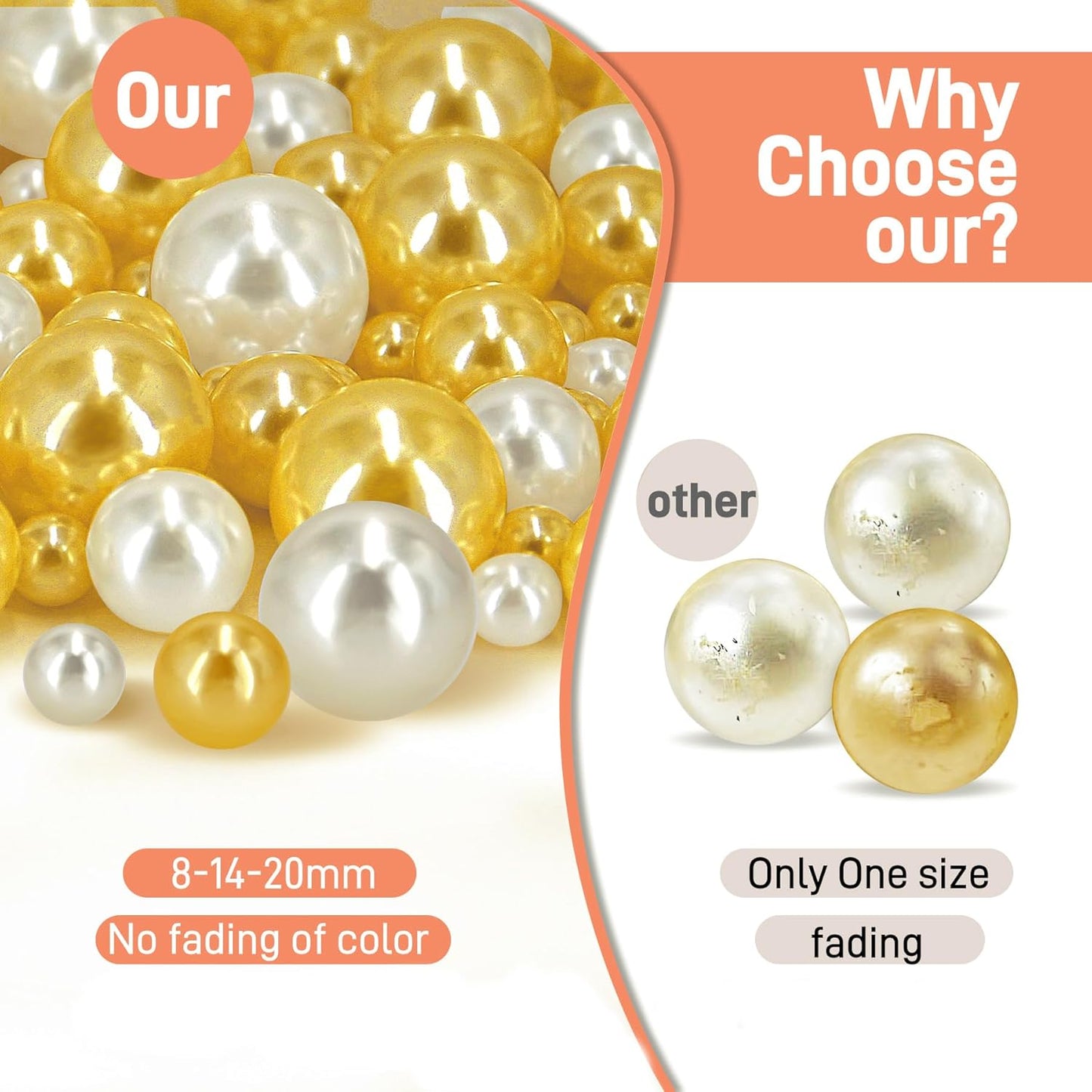 120 PCS 8/14/20mm No Hole Polish Pearl Beads for Centerpiece, Cream Gold Beads Decorative Vase Fillers, Plastics Pearls for Vases, Table Scatters, Wedding Party Decor