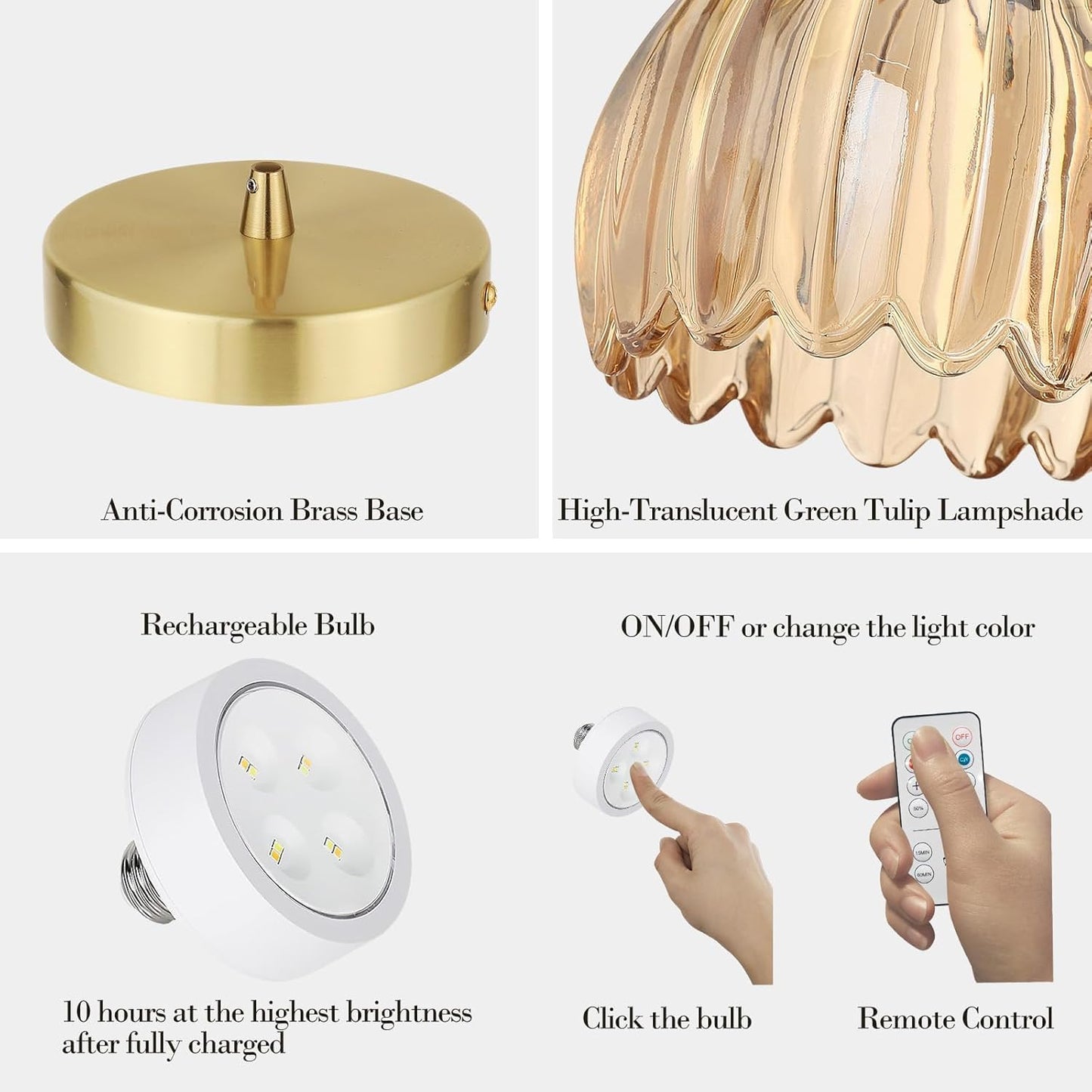 Vintage Gold Rechargeable Pendant Light with 70 Inch Cord and Exquisite Tulip Amber Glass Shade for Kitchen Island, Living Room & Dining Room, Ideal Hanging Light for Multiple Spaces