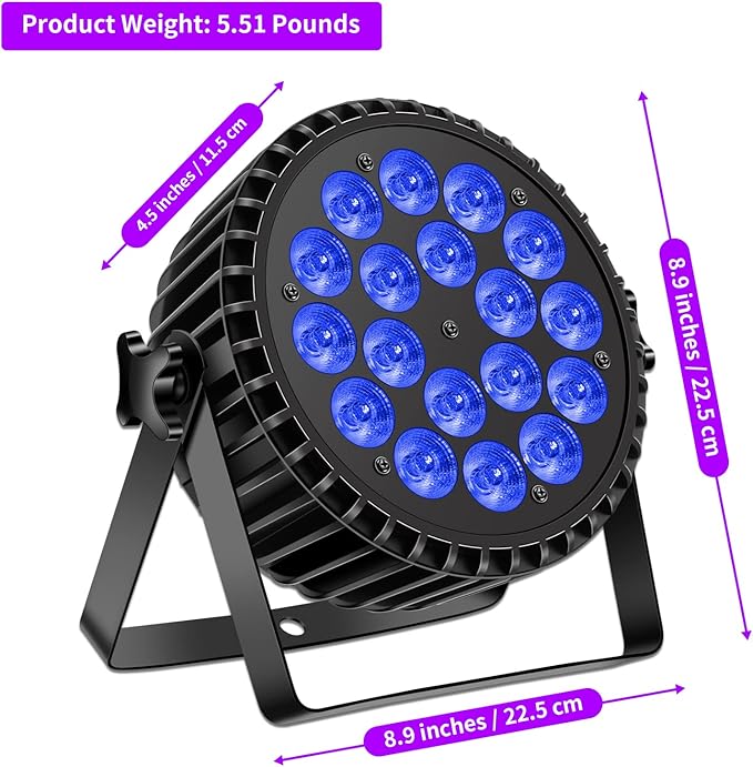 Par Can Lights Stage Lights, 18 LED 180W RGB+UV Uplights Stage Lighting Effect by DMX and Sound Control Stage Lighting for Party Bar Disco DJ Live Show Wedding (4 Packs)