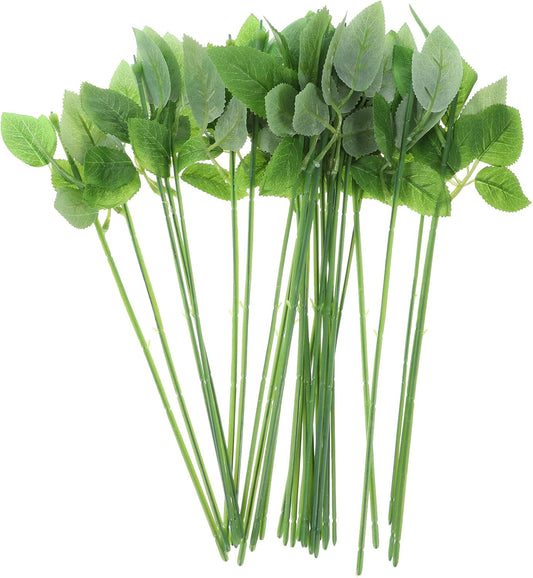 Veemoon 30pcs Floral Wire Stem with Leaves Artificial Plastic Rose Floral Wire Stems DIY Craft Bouquet Making Floral Arrangement Tools for Wedding Bouquet Centerpiece Home Decor