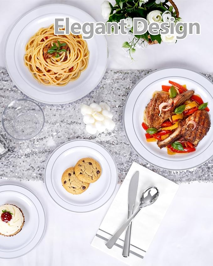 GATHER 700PCS Silver Plastic Plates - Silver Disposable Dinnerware Sets 100 Guest Include 200 Plates, 300 SIlverware, 100 Napkins, 100 Cups For Wedding & Party