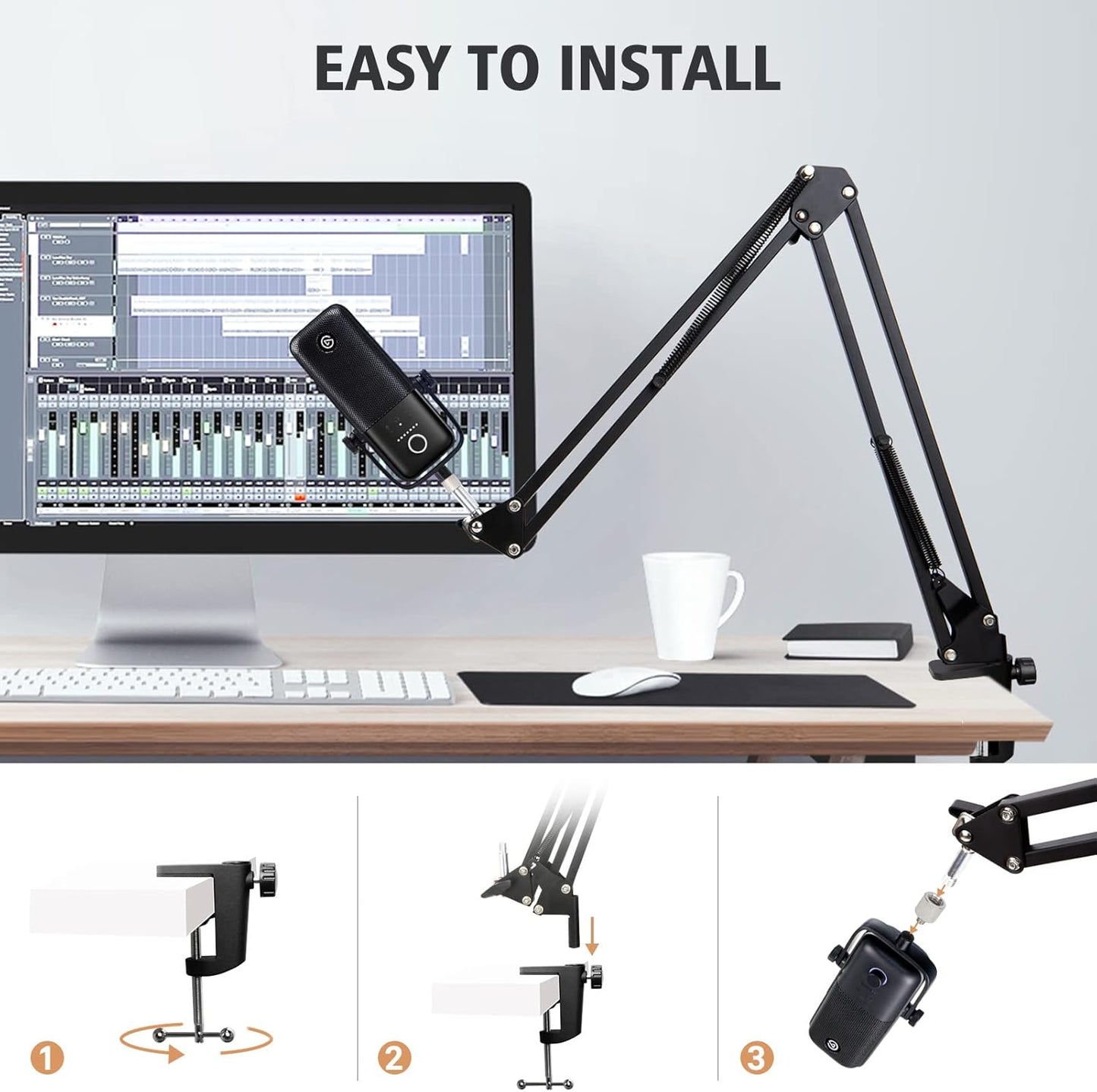 For Elgato Wave 3 Boom Arm Microphone Stand, Professional Mic Boom Arm Mic Stand Compatible with Elgato Wave:3 USB Condenser Microphone by SUNMON