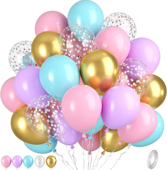 Pink Blue Gold Balloons, 50pcs Pink Blue Purple Balloons, Gold Macaron Pink Purple Teal Balloon Silver Star Confetti Balloon for Gilrs Woman Birthday Baby Shower Party Wedding Bridal Shower Supplies