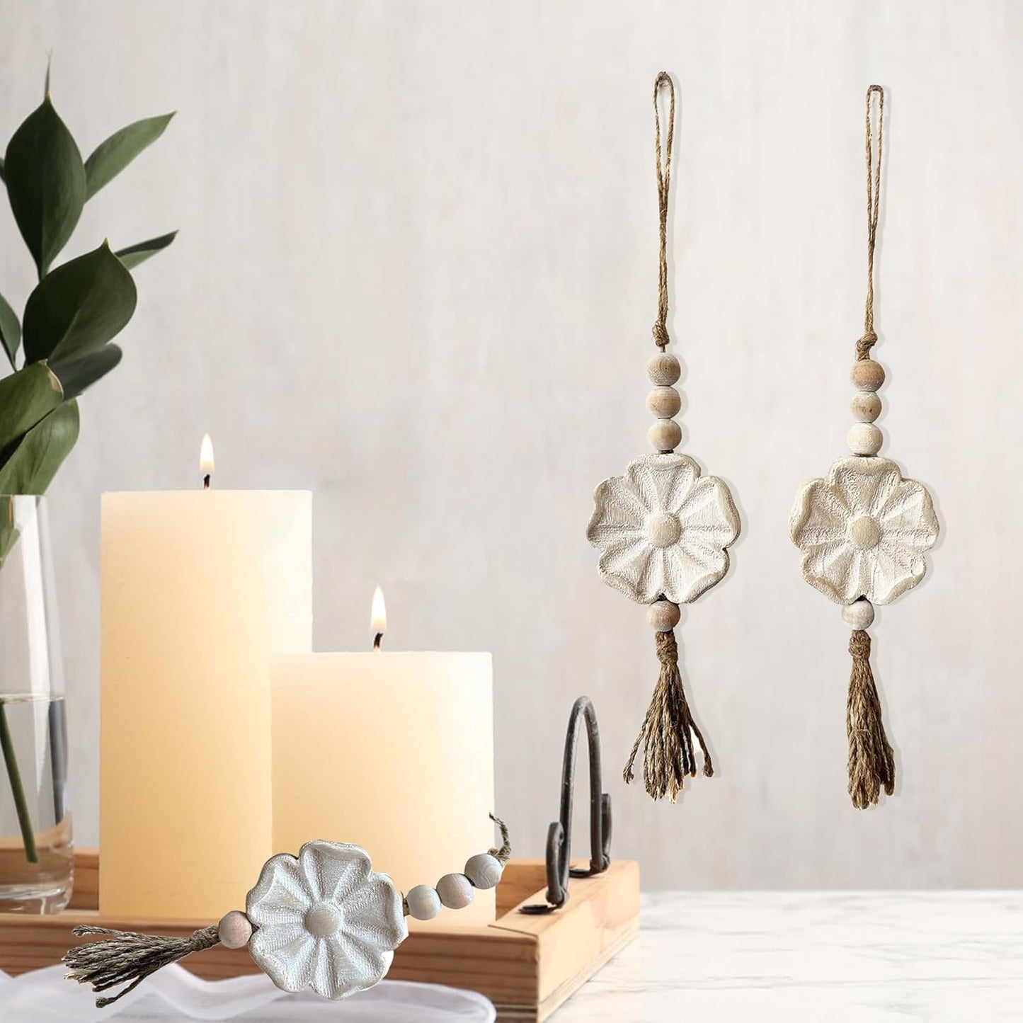 2pcs Carved Floral Tassels with Farmhouse Wood Beads - Multi-Functional Wall Decor Tray Home Decoration (Natural)