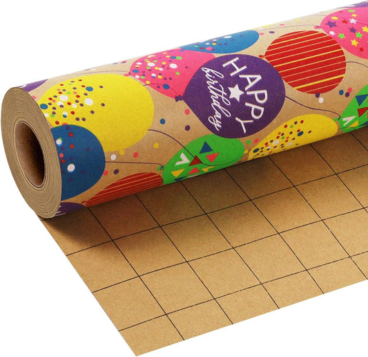 LaRibbons Birthday Wrapping Paper Roll for Kids, 30 Inch x 33 Feet (83 sq. ft. ttl.) Kraft Gift Wrap Paper with Colorful Balloon Pattern for Baby Shower Holiday Party