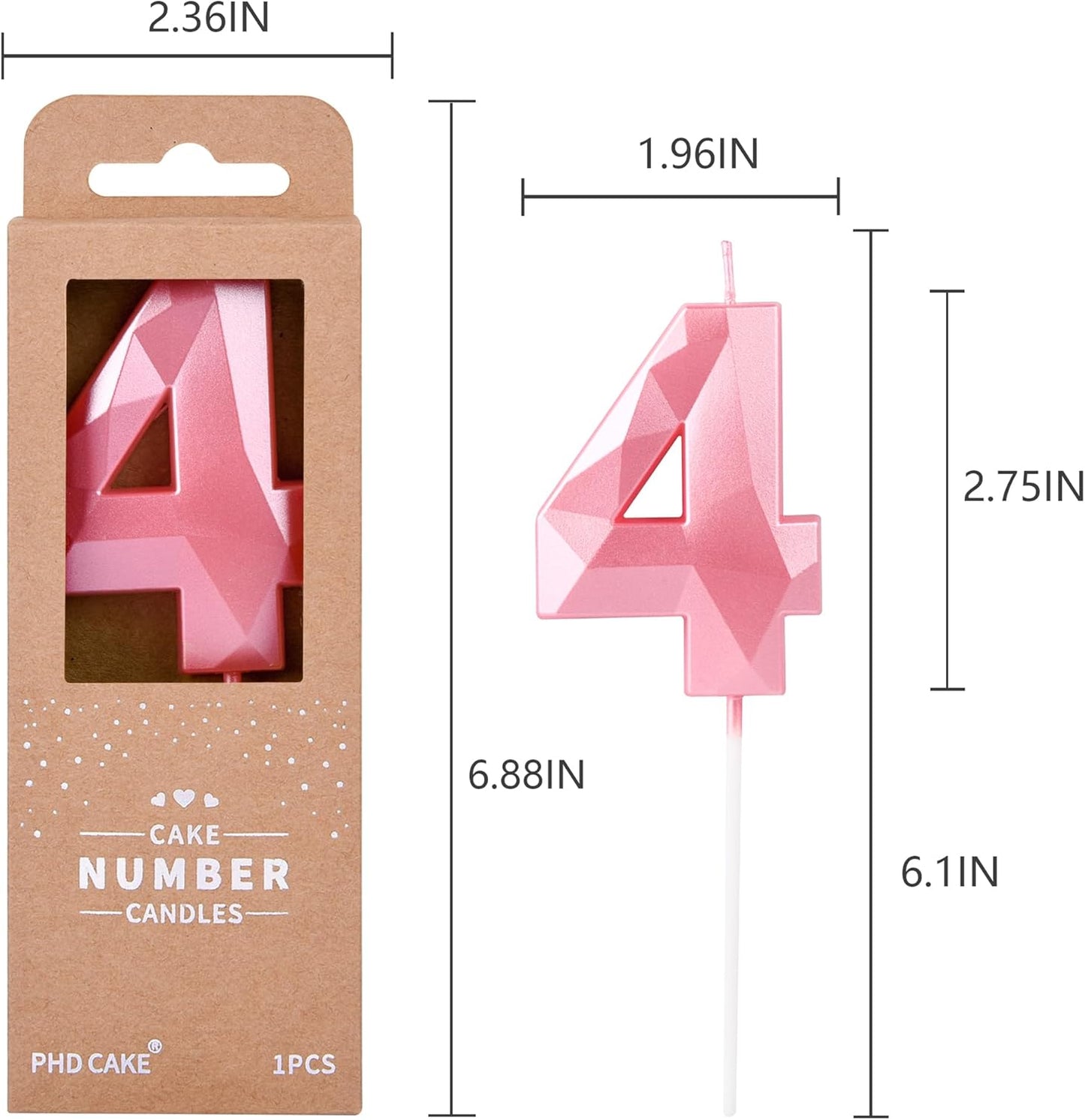 PHD CAKE 2.76 Inch Crystal Pink 4 Number Birthday Candles, Pink Number Candles, Cake Number Candles, Party Celebration