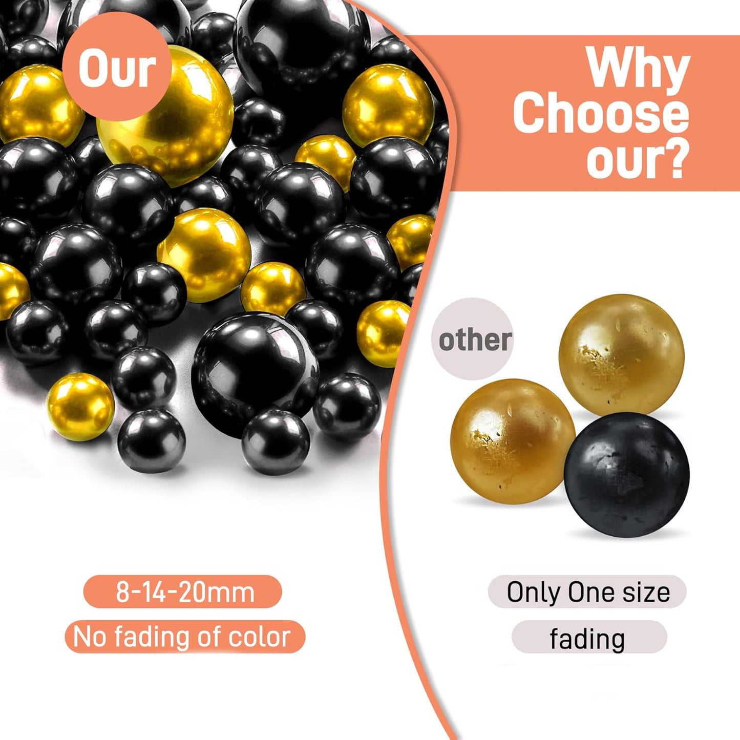 300Pcs Black&Gold Polished No Hole Faux Pearl Beads for Vase Filling Decorations, Plastic Pearls Vase Fillers, Table Scatters, Wedding Centerpiece, Home Decor, 8/14/20 mm