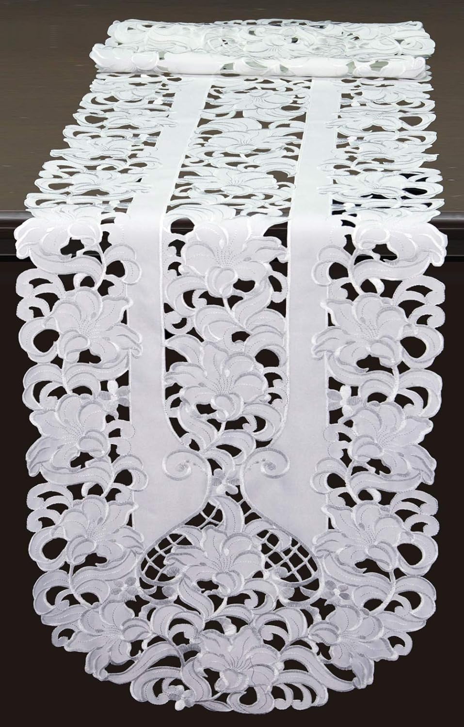 Creative Linens Embroidered Floral Table Runner 15x70 Oval Dresser Scarf White