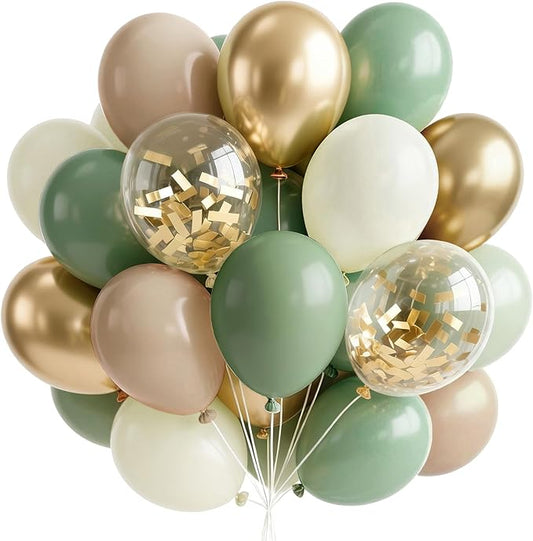 PartyWoo Sage Green Balloons 65pcs 12 Inch Metallic Gold Sand White Light Brown Gold Confetti Balloons for Baby Shower Wedding Engagement Jungle Woodland Forest Birthday Party Decorations