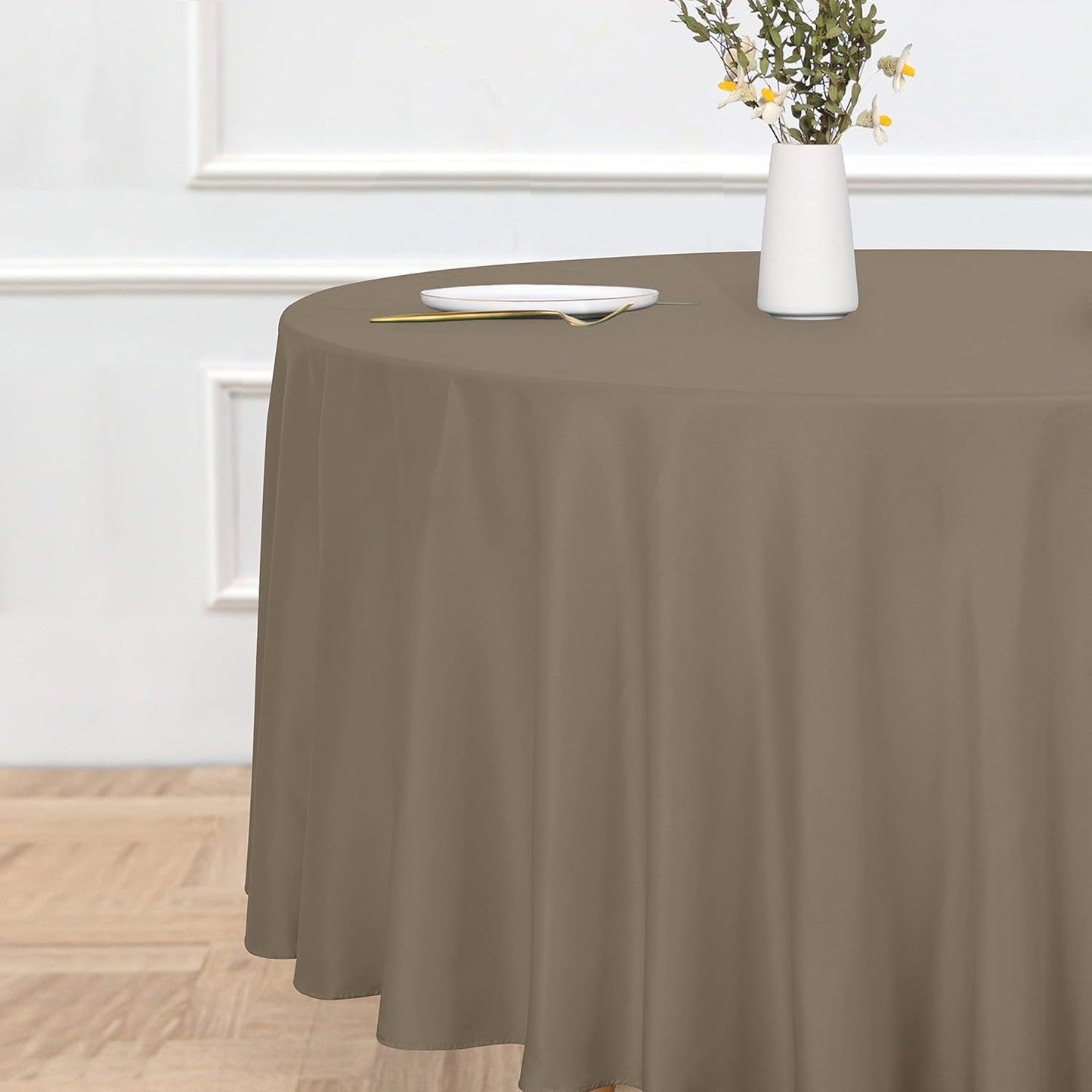 sancua Round Tablecloth - 120 Inch - Water Resistant Spill Proof Washable Polyester Table Cloth Decorative Fabric Table Cover for Dining Tables, Buffet Parties and Camping, Taupe