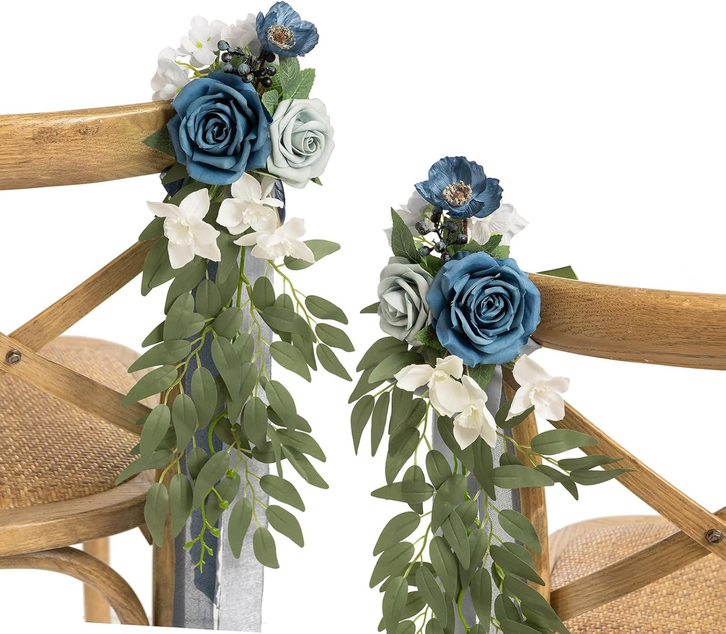 Ling's moment 8pcs Wedding Artificial Aisle Pew Flowers Chair Decorations Arrangements with Chiffon Ribbons Dusty Blue & Navy for Ceremony Chair Back Floral Decor Reception Church Party Outdoor