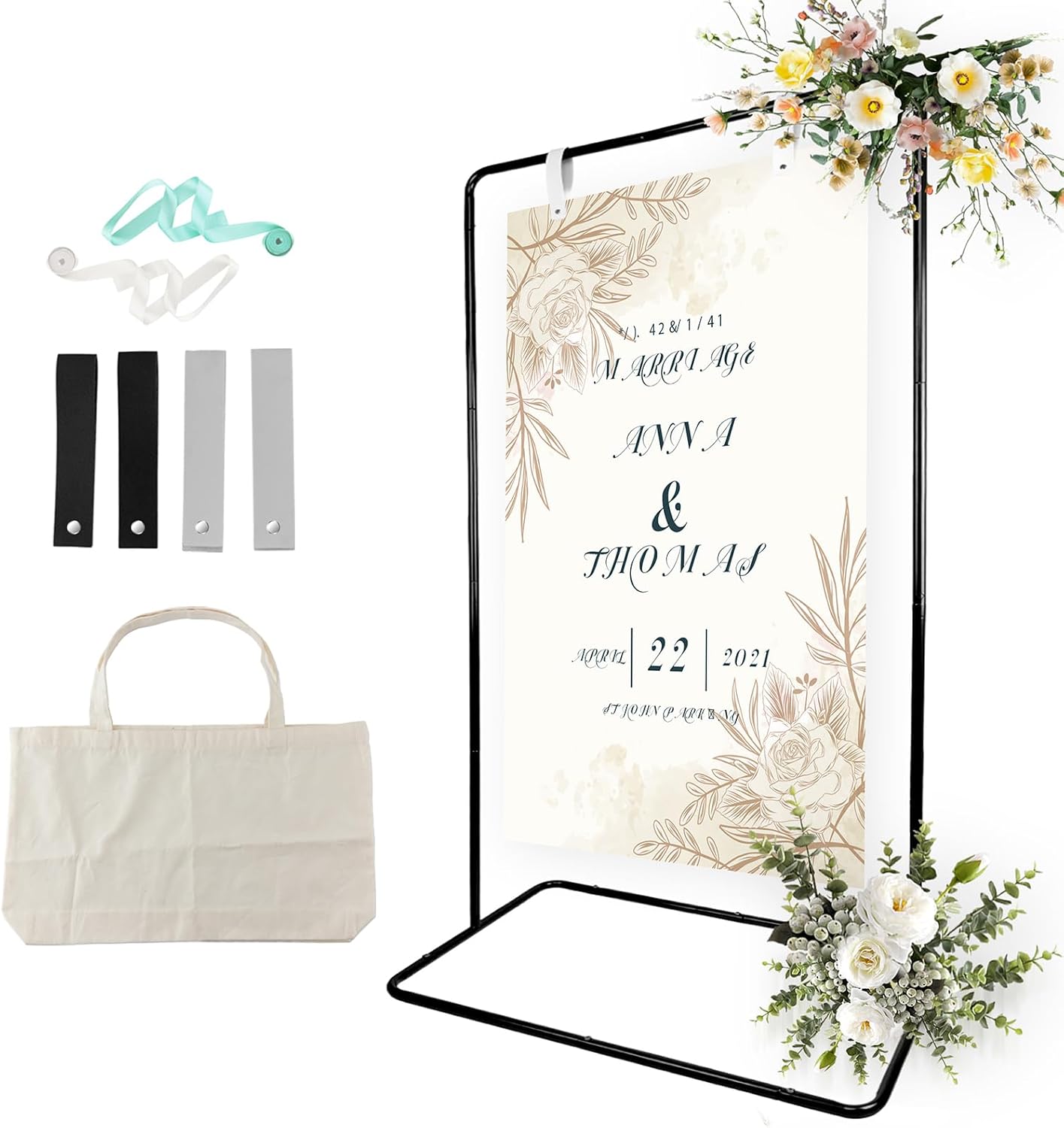 Wedding Sign Holder, Adjustable Welcome Sign Stand w/ Leather Hanging Strap, Satin Ribbon & Carry-on Bag, Heavy Duty Easel Stand for Wedding Seating Chart, Display & Poster