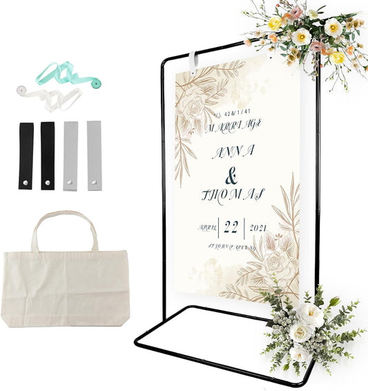 Wedding Sign Holder, Adjustable Welcome Sign Stand w/ Leather Hanging Strap, Satin Ribbon & Carry-on Bag, Heavy Duty Easel Stand for Wedding Seating Chart, Display & Poster