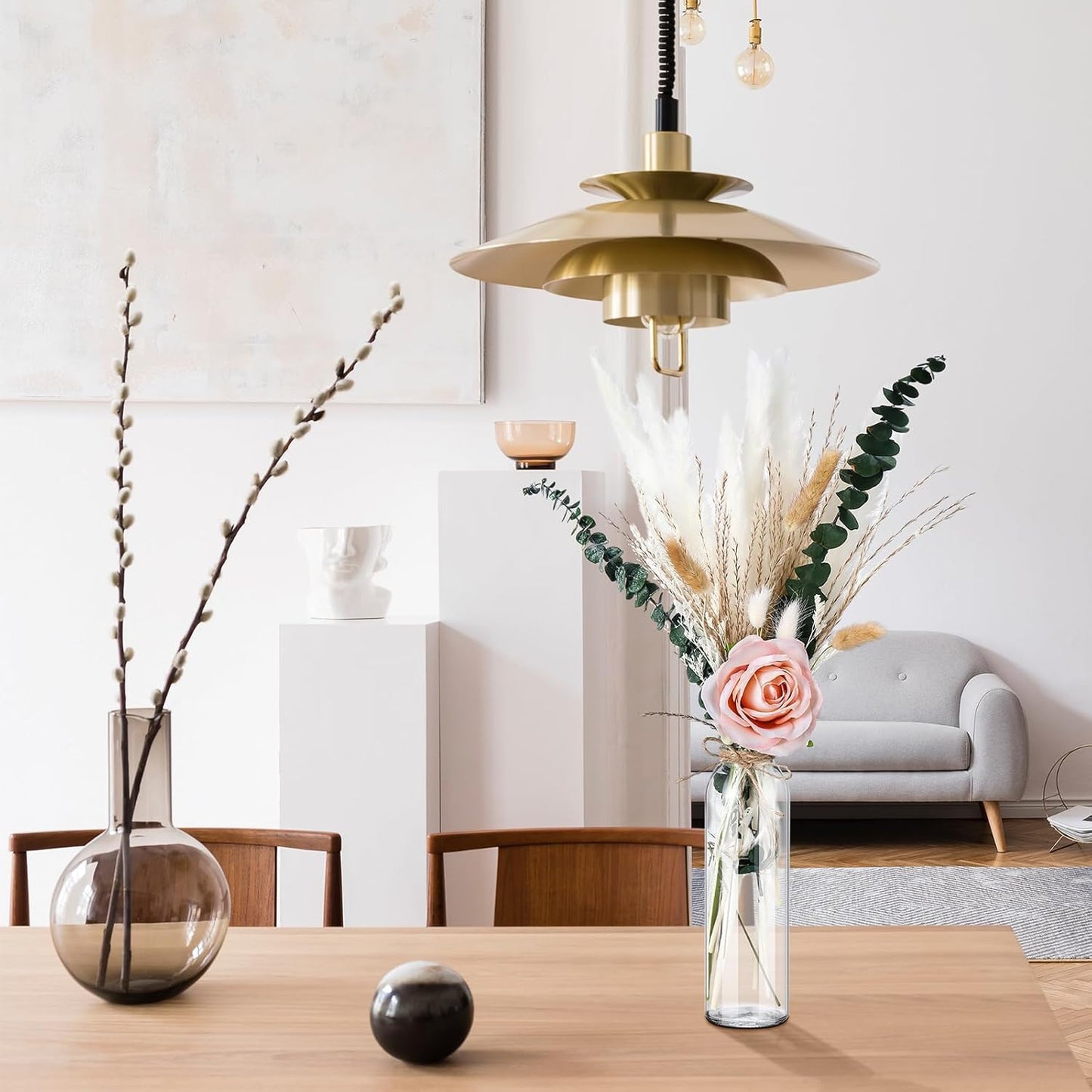 10 Set Dried Pampas Grass Centerpiece for Wedding 10 Clear Glass Jars 10 Artificial Roses 80 Dried Pampas Grass with Rope for Baby Shower Rustic Bridal Party Farmhouse Decoration(Pink)