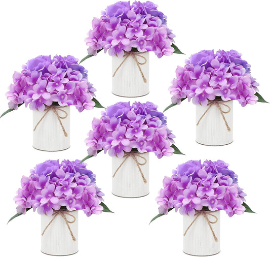 Flower Table Centerpieces - Set of 6 Floral Arrangement Artificial Wedding Hydrangeas Floral Arrangement with Rustic Metal Vase for Bridal Tea Party Event Decorations - Purple