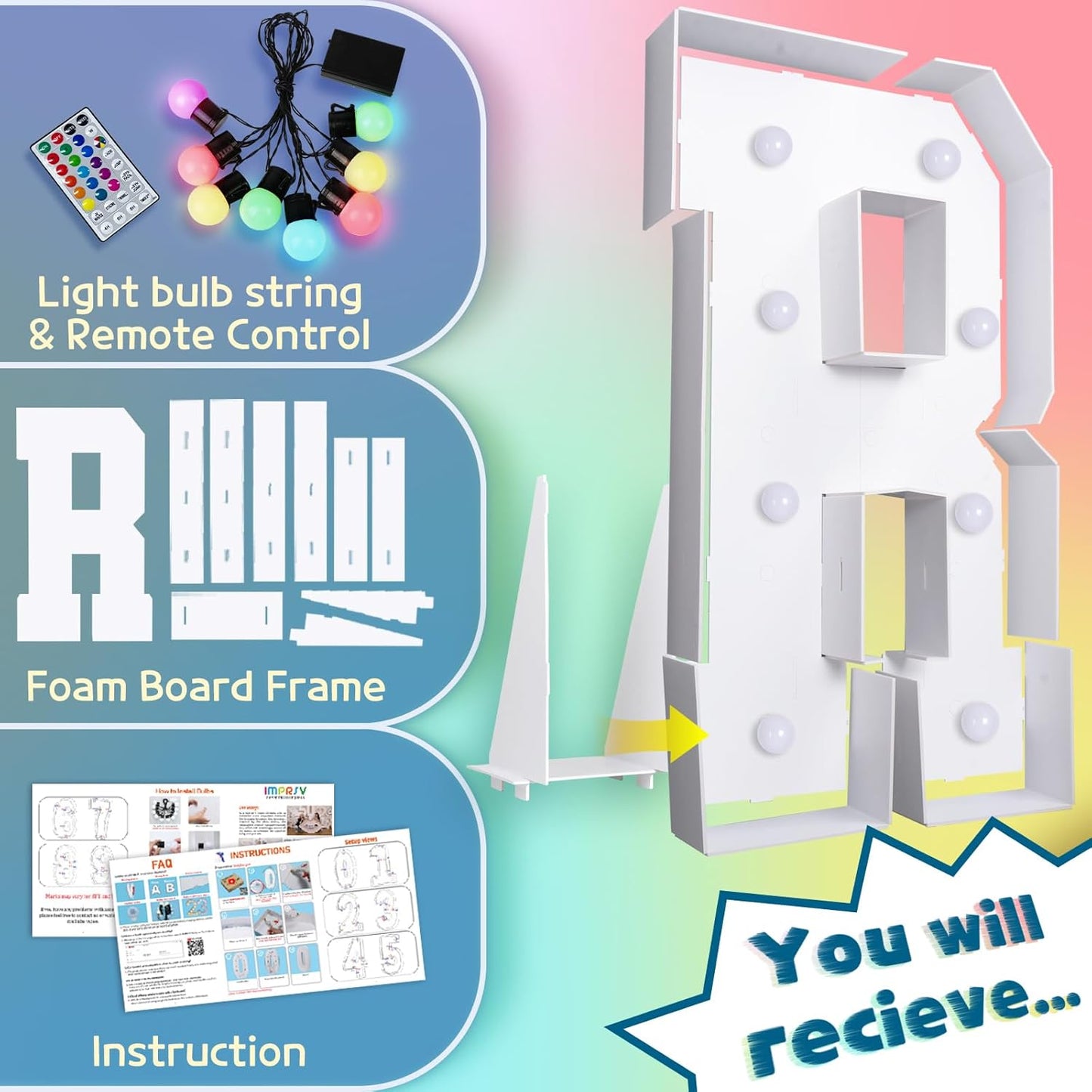 imprsv 3FT Colorful Marquee Light Up Letters R, 18 Colors Light Up Letters Alphabet Sign with Remote, Marry Me Light Up Letters, Large Letters for Birthday Engagement Anniversary Wedding Party Decor