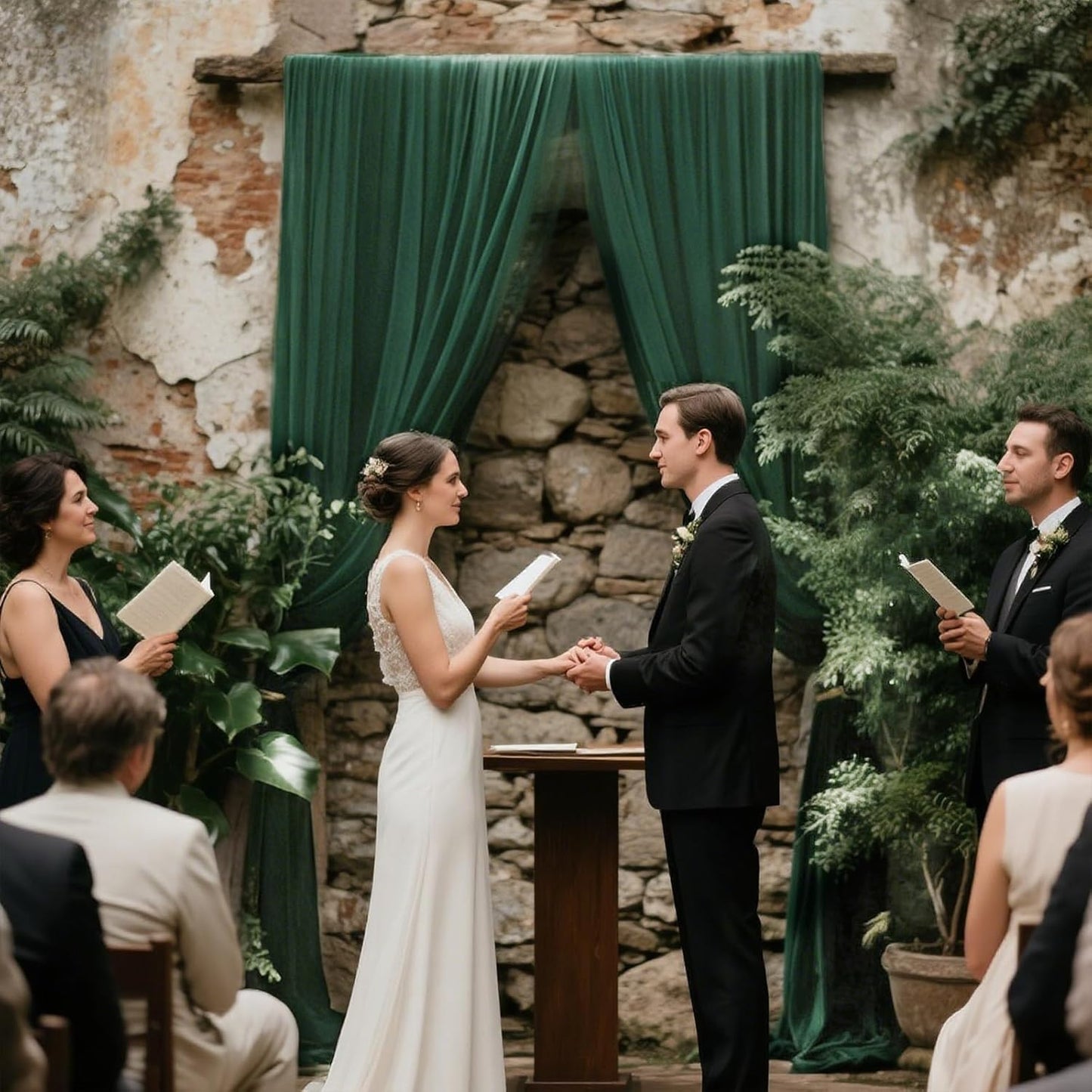 VOK Dark Green Wedding Arch Draping Fabric Chiffon Fabric, 29in x 18Ft Sheer Chiffon Outdoor Curtain for Wedding Ceremony Birthday Party Decoration (Dark Green,1 Panel)