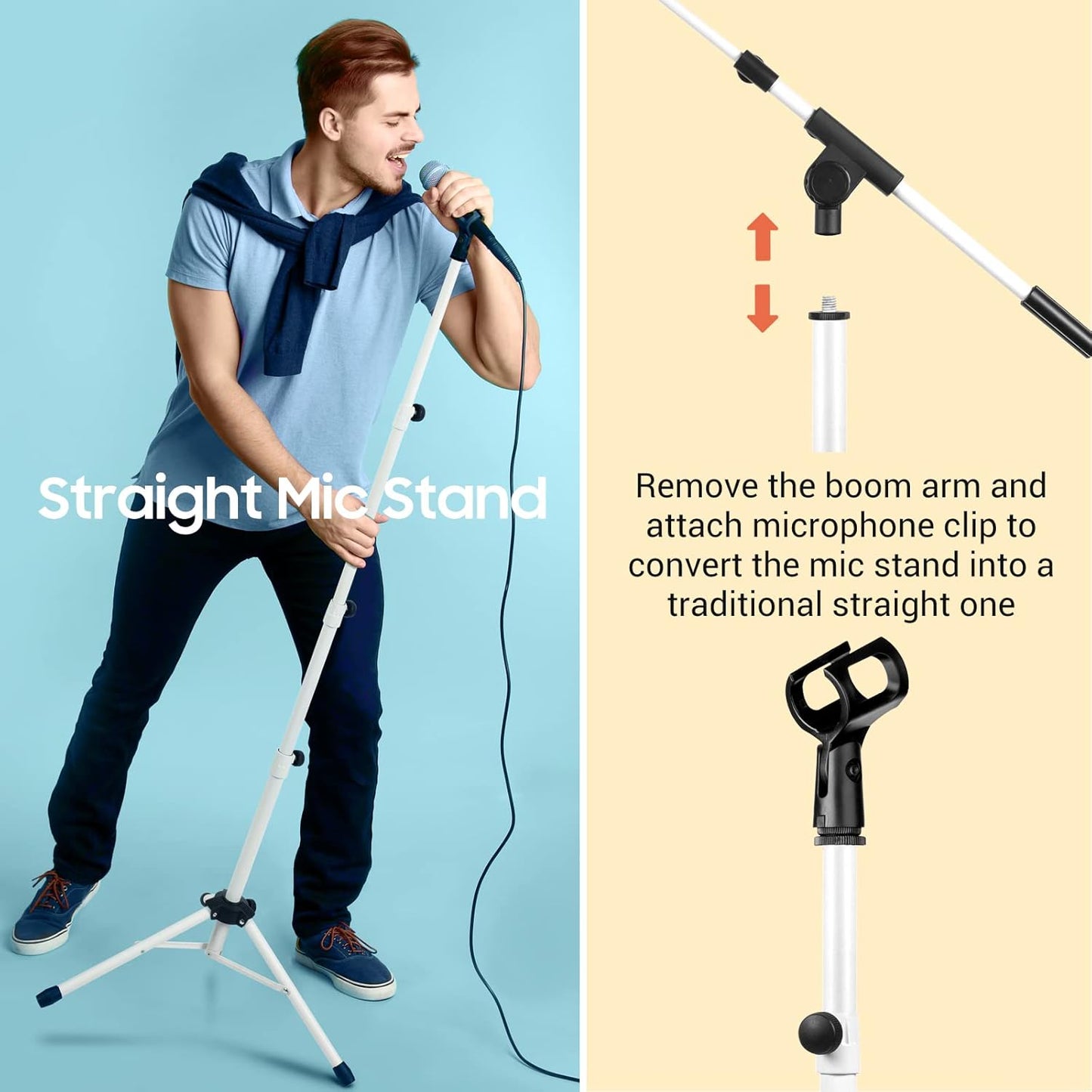 CAHAYA Microphone Stand Tripod Boom Arm Floor Mic Stand with Carrying Bag and 2 Mic Clips for Singing Performance Wedding Stage and Mic Mount White