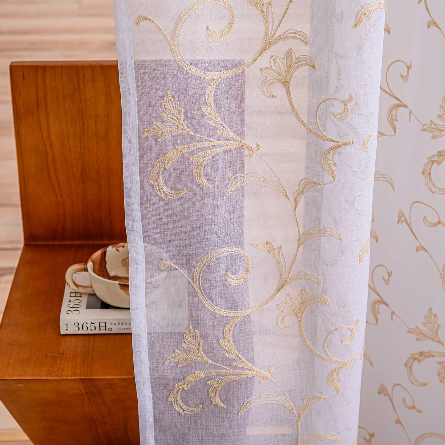 Sheer Curtains White-Beige 95 Inch Length, Boho Farmhouse Curtains for Bedroom Rod Pocket Vintage Farmhouse Drapes with Scroll Floral Patterned for Living Room, 84 Inch Curtains 2 Panel set, 52"x 95".