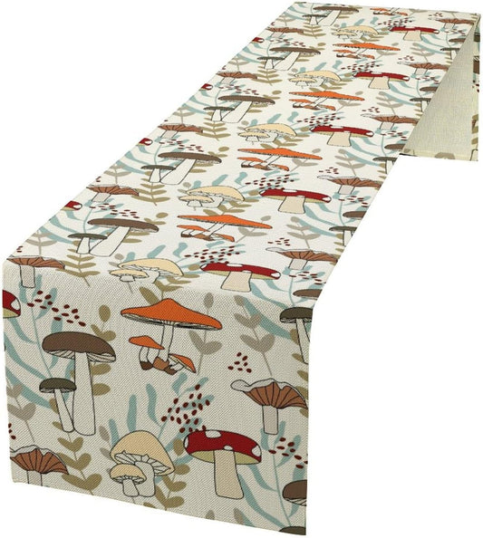 Mushroom Table Runner, Vintage Nature Plant Table Runner for Farmhouse Kitchen Dining Table Decoration for Home Party Decor 13x60 Inch