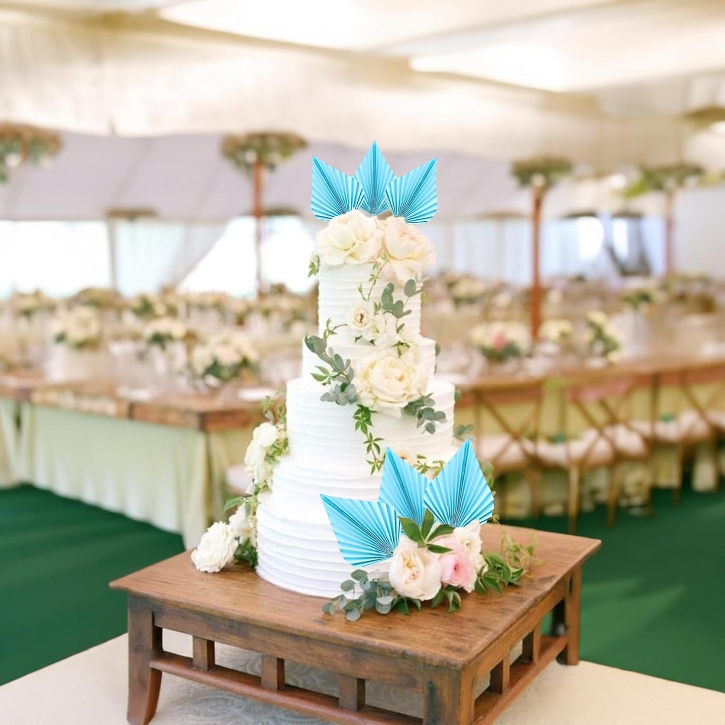 Ephlyn 6Pcs Paper Palm Fan Cake Topper Palm Leaf Fan Cake Pick Decoration for Insert DIY Craft Project Home Made Wedding Bridal Shower Birthday Anniversary Party Cake Decorations Blue