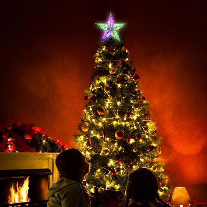 Star Christmas Tree Topper, 8in UL Listed 3D Star Tree Topper Lights, Double Sided Christmas Tree-top with 10 LED Multicolor Lights for Xmas Tree New Year Home Decor, Silver