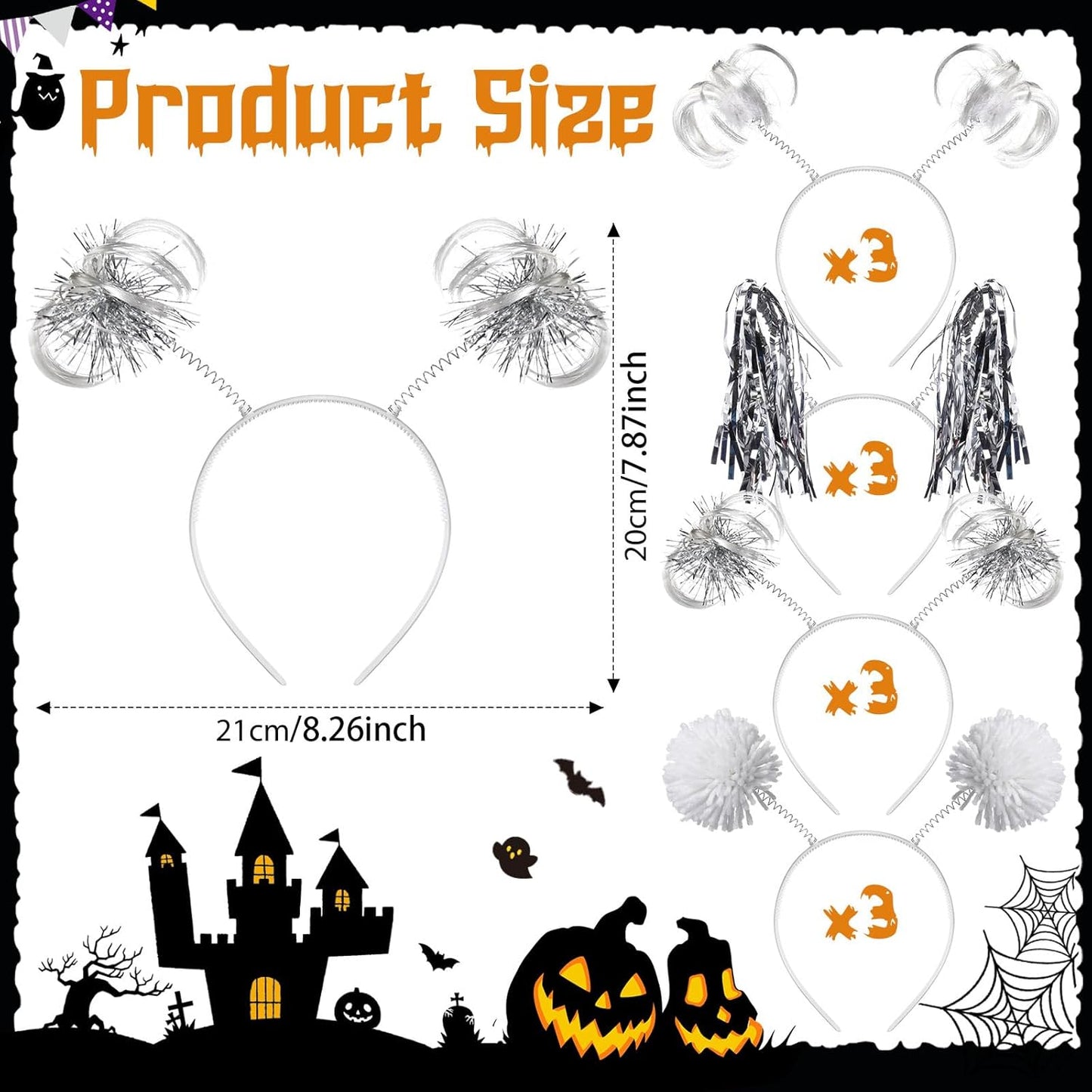 Censen 12 Pcs Halloween Pom Pom Party Headbands Tinsel Ponytails Spirit Head Bopper Headwear for Christmas Birthday Holiday
