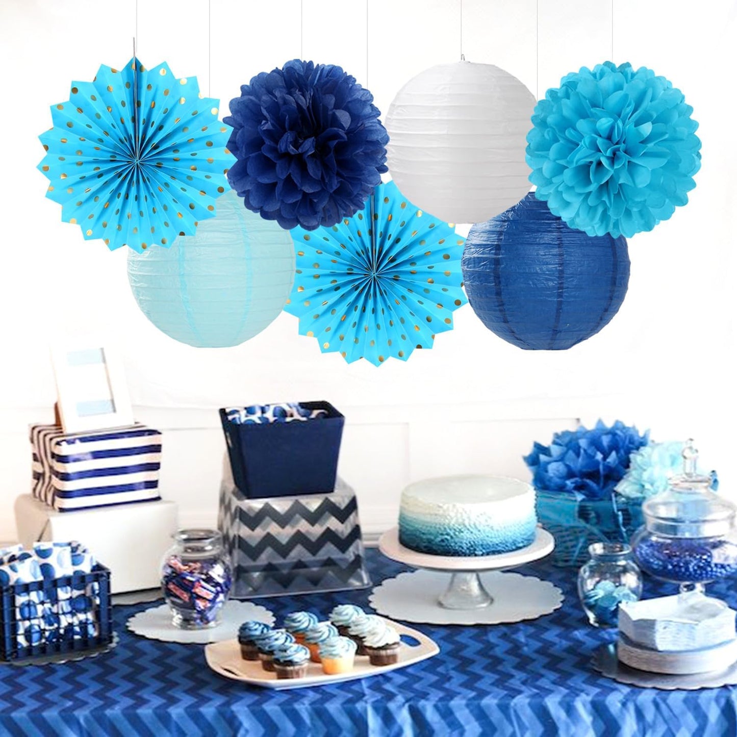 Light-Royal Navy-Blue White Party-Decorations - 20pcs Boy Baby Shower Paper Lanterns Fans,Tissue Pom Poms,Honeycomb Balls,Birthday Bachelorette Bridal Wedding Under The Sea Frozen Decor Burgleda
