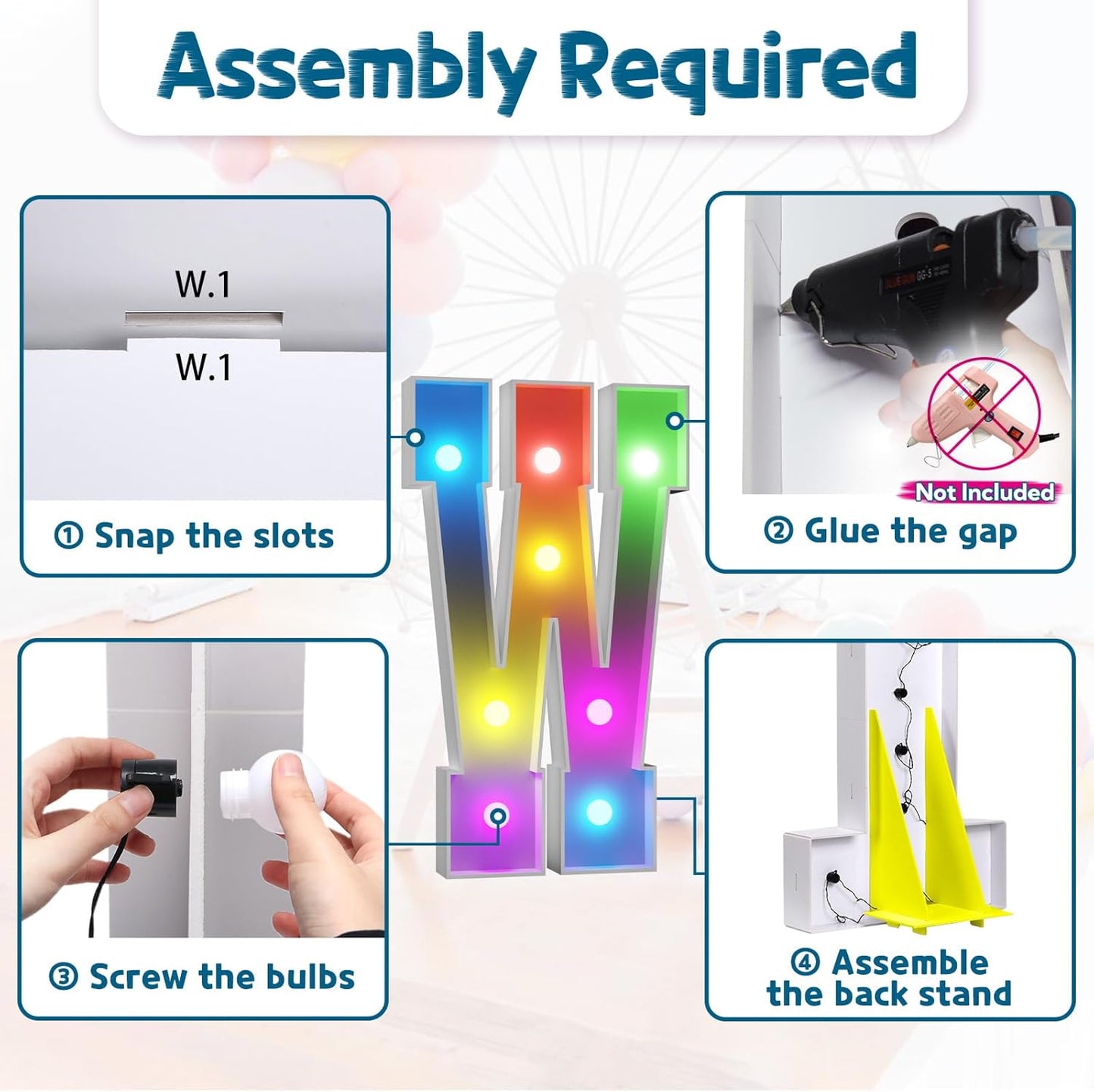 Imprsv 3FT Colorful Marquee Light Up Letters W, 18 Color Light Up Alphabet Sign with Remote, Baby Shower, Birthday Engagement Wedding Party Decor