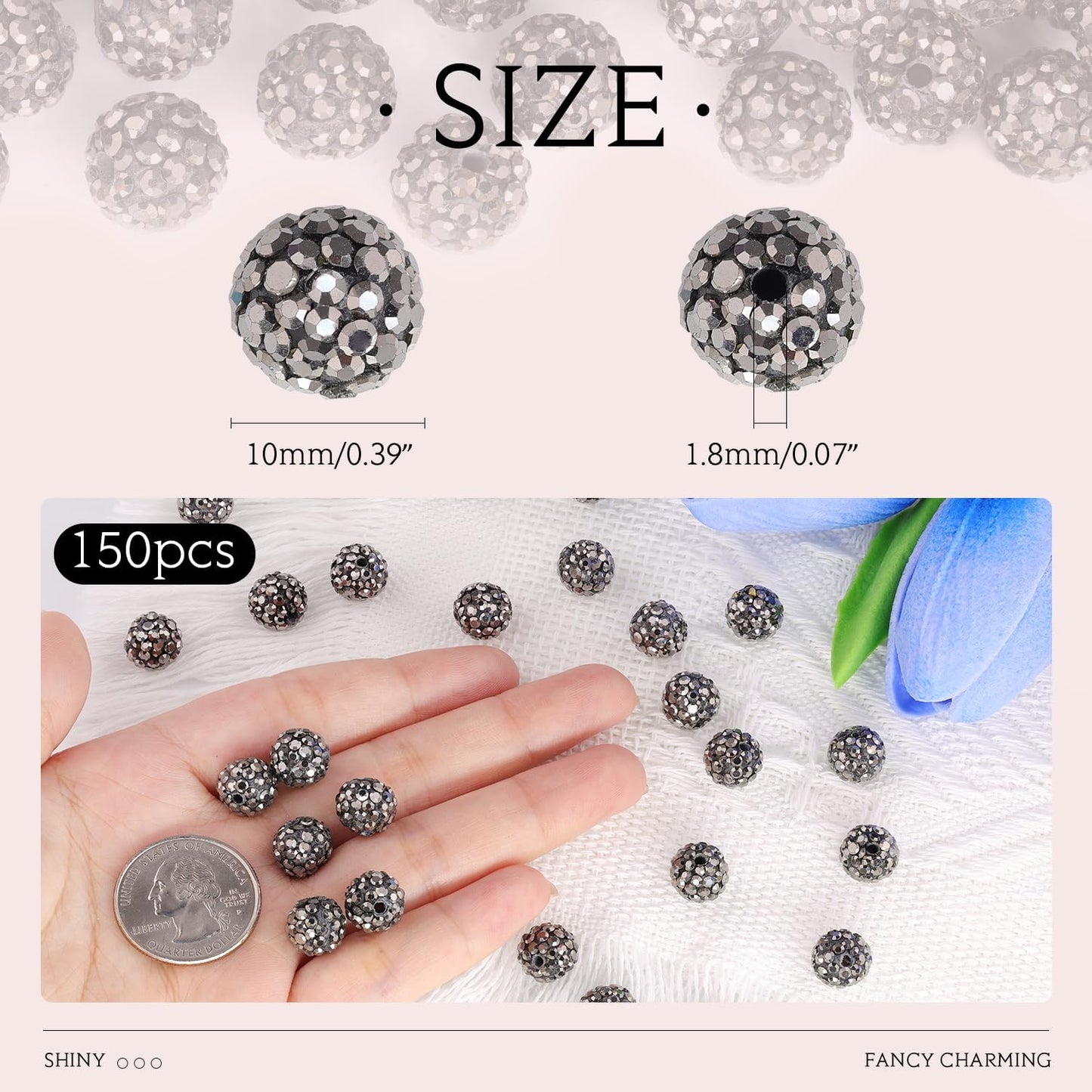 150 pcs 10mm Rhinestone Beads for Jewelry Making, Hematite Shiny Round Shamballa Disco Beads Bulk, Sparkle Crystal Clay Christmas for Bracelet Baseball Necklace Earring Crafting and DIY