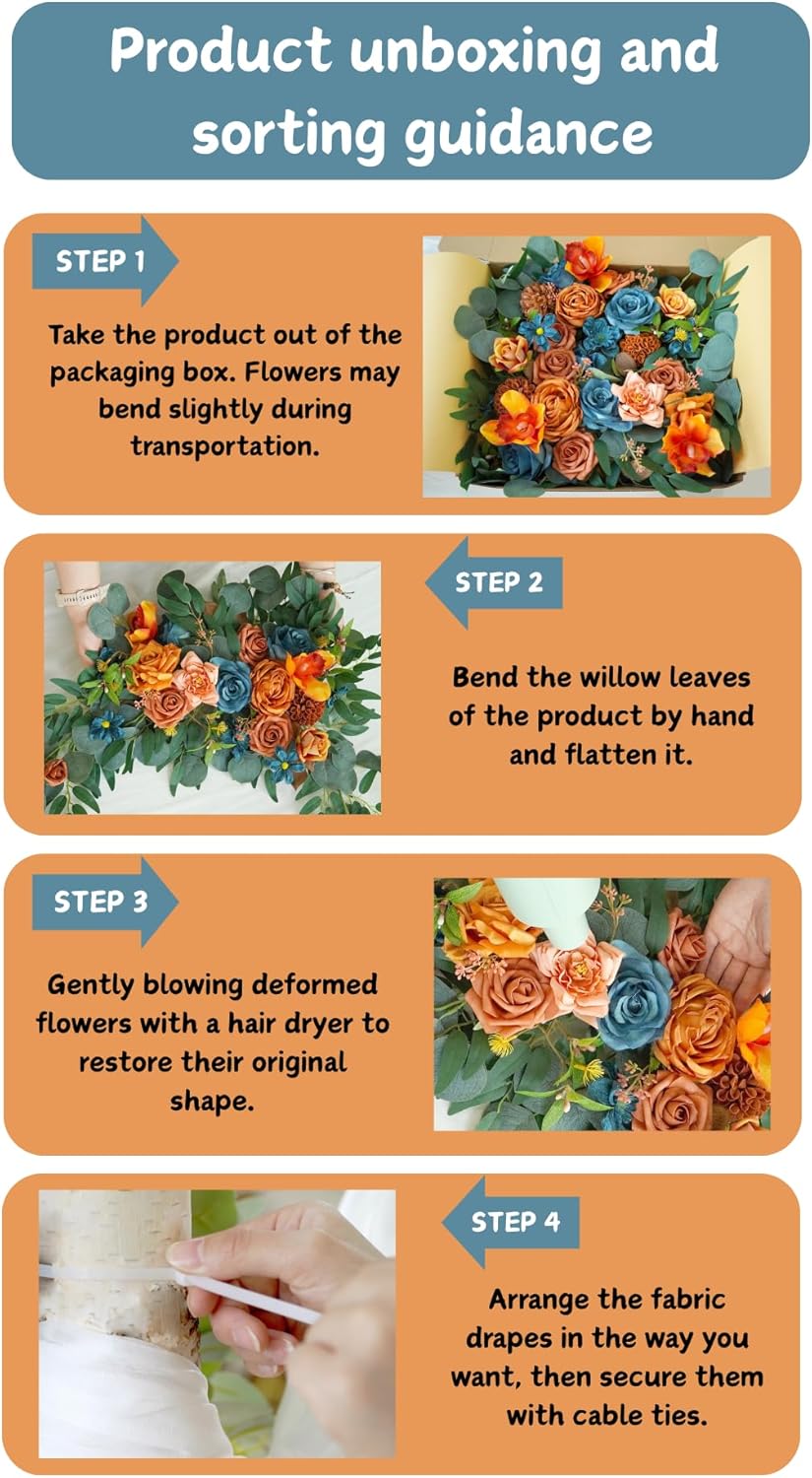 Artificial Wedding Arch Flowers Kit(Pack of 4),2Pcs Artificial Flower Arch Decor, 2Pcs Chiffon Fabric Drapes, Ceremony Decoration, Floral Outdoor Party Decor (Burnt Orange & Dark Teal)
