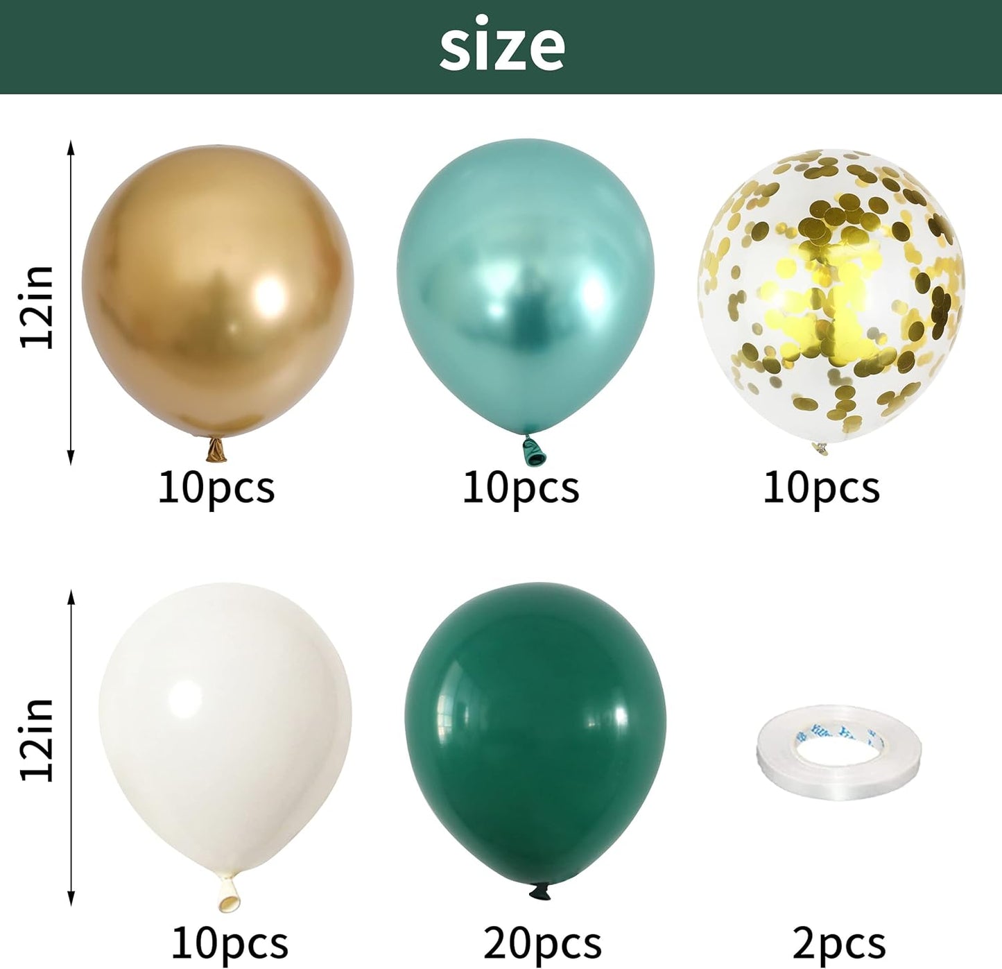 Metallic Green Gold Balloons, 60 Packs 12 Inch Dark Green White Gold Latex Balloons with Ribbons for Wedding, Anniversary, Birthday, Baby Shower, Jungle Sarfari Party