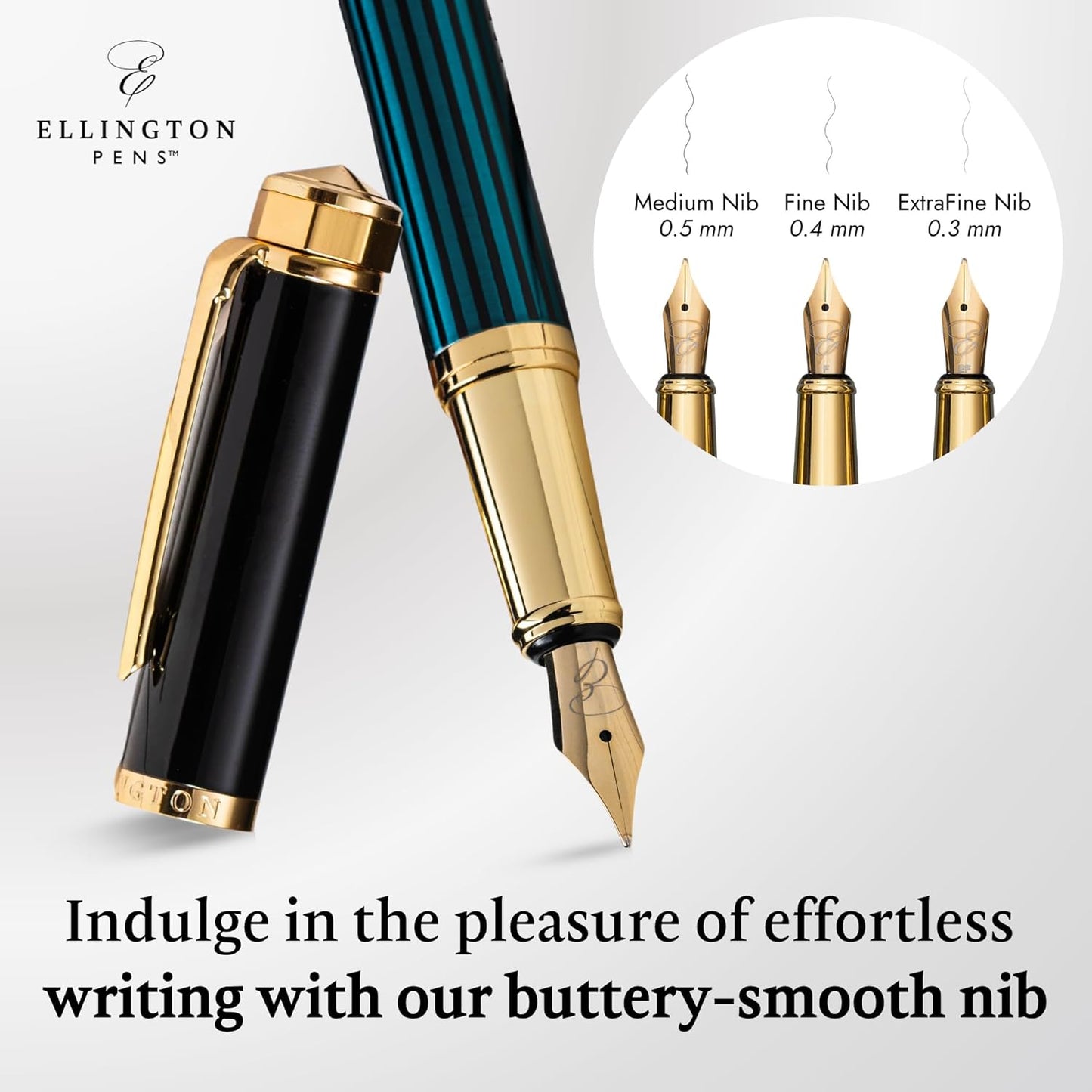 Ellington Pens Luxury Fountain Pen Set- Fountain Pens for Writing - Smooth Extra Fine Nib - Includes Refillable Ink Converter, 3 Ink Cartridges [Black & Blue], Gift Box - Elegant Calligraphy