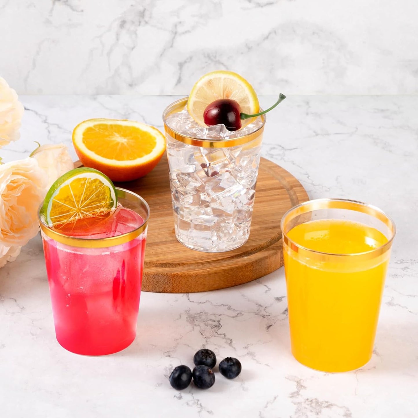 Goodluck 50PCS 12oz Gold Plastic Cups for Party, Disposable Gold Rim Cups, Plastic Cocktail Glasses for Wedding Thanksgiving, Christmas, and Parties