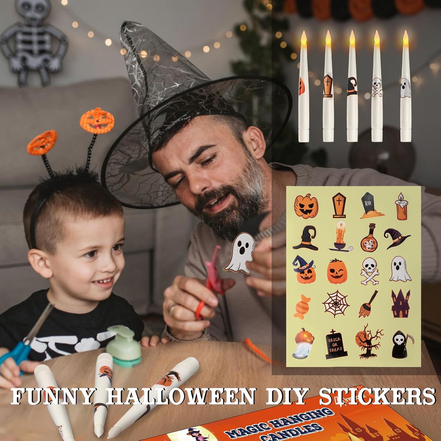 Floating Candles with Wand Remote, 20 Pcs Magic Halloween Hanging Candles, Flickering Warmer Light Flameless LED Candles with DIY Sticker, Battery Operated Halloween Decorations Gifts Indoor (18)