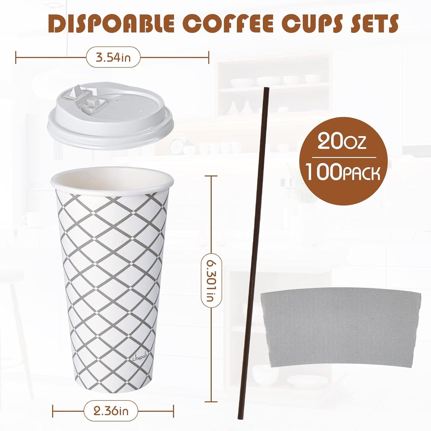 LITOPAK 100 Pack 20 oz Paper Coffee Cups with Lid, Sleeve, and Straws, Four Designs of Disposable Hot Coffee Cups for Home, Stores, and Cafes