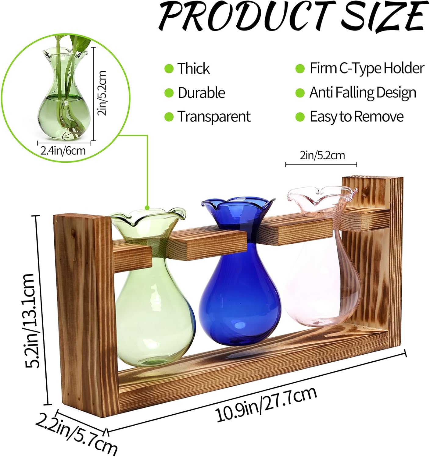 Plant Propagation Station Plant Terrarium Unique Birthday Gifts for Women Home Office Decor Planter with Wooden Stand - 3 Bulb Glass Vase