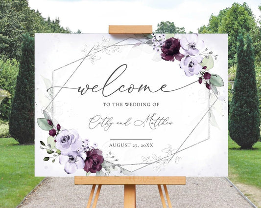 Greenery Wedding Welcome Sign, Purple and Lavender Roses To The Wedding Of Signs