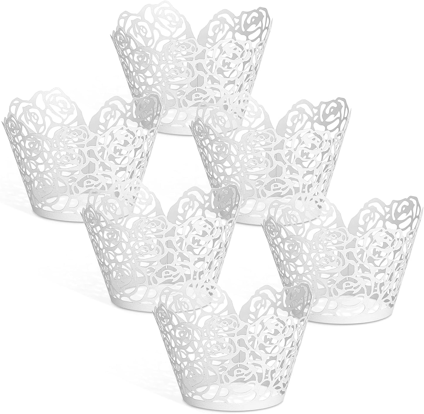GWHOLE White Cupcake Wrappers, 50pcs Cupcake Liners with Rose Design Laser Cut Liners for Wedding Birthday Baby Shower Party Decorations Fancy Small Cupcake Decorations for Regular Cupcak