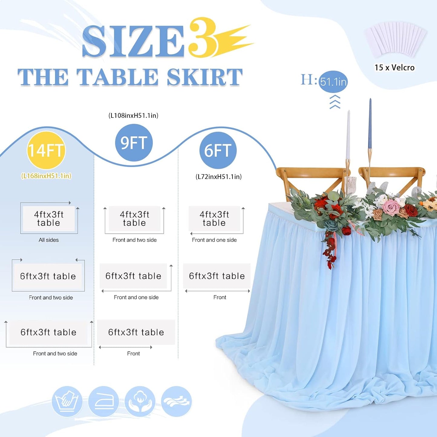 Baby Blue Table Skirt for Birthday Party14ft Rectangle or Round Chiffon Table Skirt for Boy Gender Birthday Mermaid Theme Party Decoration