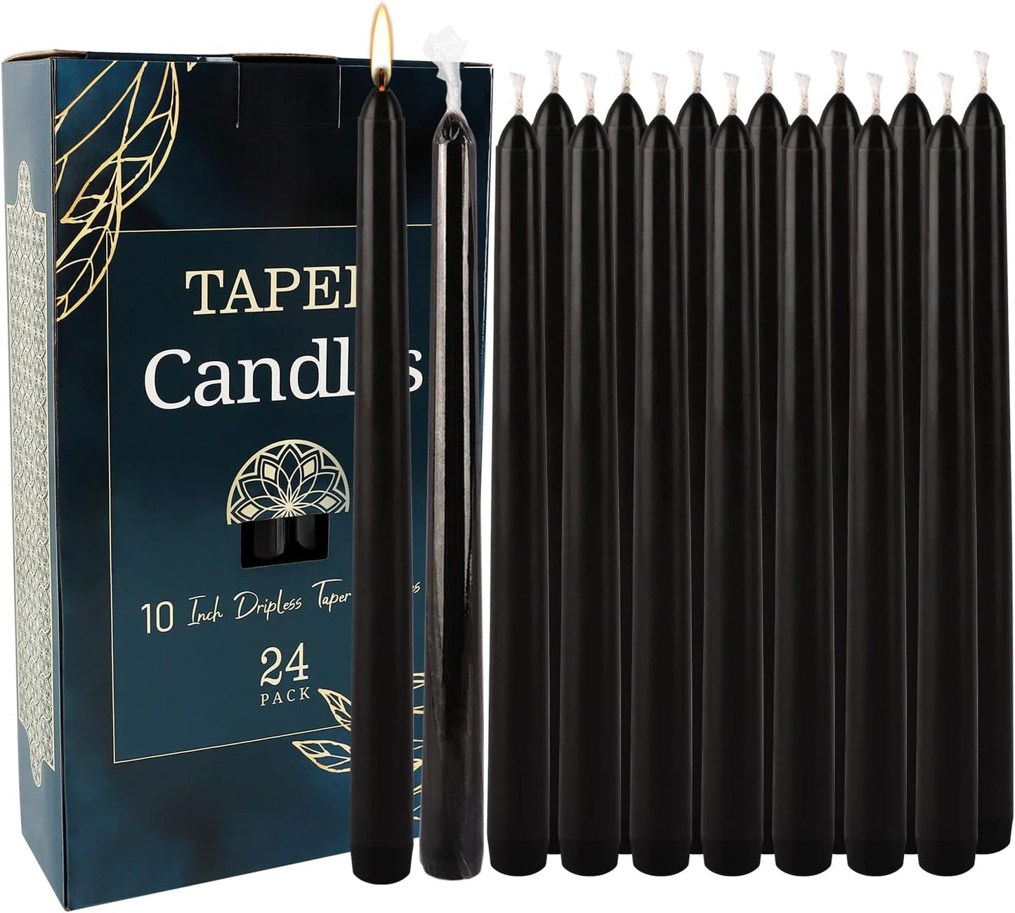 24 Pack Black Taper Candles, 7-8 Hours Burn Time, Unscented, Smokeless and Dripless, 10 Inch Dinner Candle Set for Household, Wedding, Party and Home Décor Candlesticks.