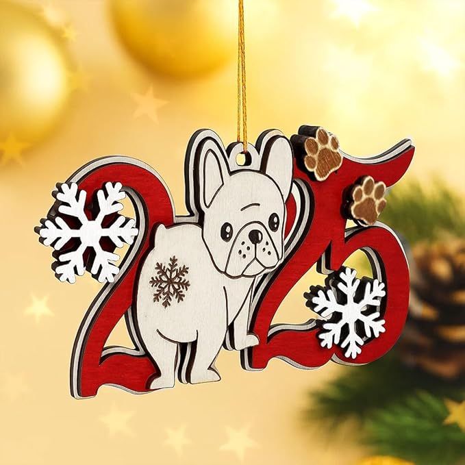 French Bulldog 2025 Christmas Ornament – Wooden Frenchie Dog Tree Decoration with Paw Prints & Snowflakes for Frenchie Lovers & Pet Owners